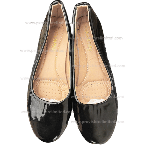 Shoe (Flat) - Ladies Black Leather Plain Shiny